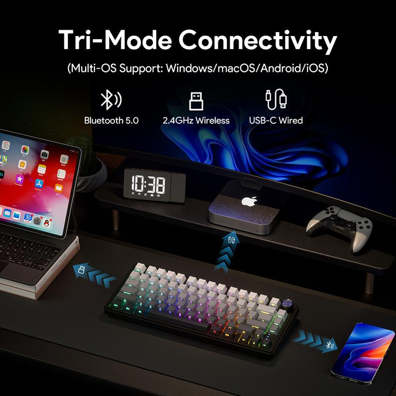 ZIFRIEND RX75 PRO Wireless Mechanical Creamy Keyboard,Tri-Mode Type-C/2.4G/Bluetooth Music Rhythm Sync RGB Backlight Keyboard,Multimode Gaming Keyboard for Gaming, Office, Career Women,Multimedia Roller Key