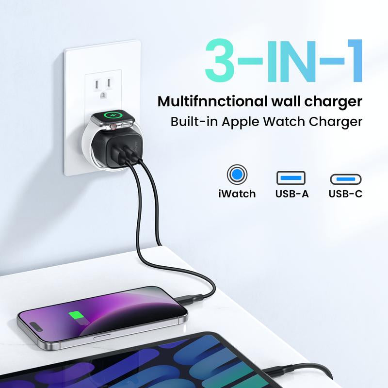3-In-1 Portable USB C Fast Charger, Magnetic Wireless Charger for Apple Watch, Compatible Charging Block with Iwatch Ultra/9/8/7/6, Iphone 17/16/15 Pro Max, Ipad, and Galaxy Series