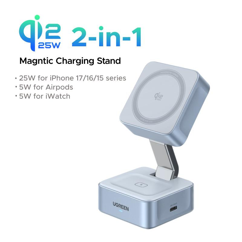 UGREEN 25W Magflow Wireless Charger 2-In-1 Magnetic Charging Station for Iphone 17/16/15/14/13/12 Pro Max, Fast Qi2 Certified Foldable Stand with USB-C Port, Compatible with Airpods, Dual Device Charging, September Restock ,Deals for You