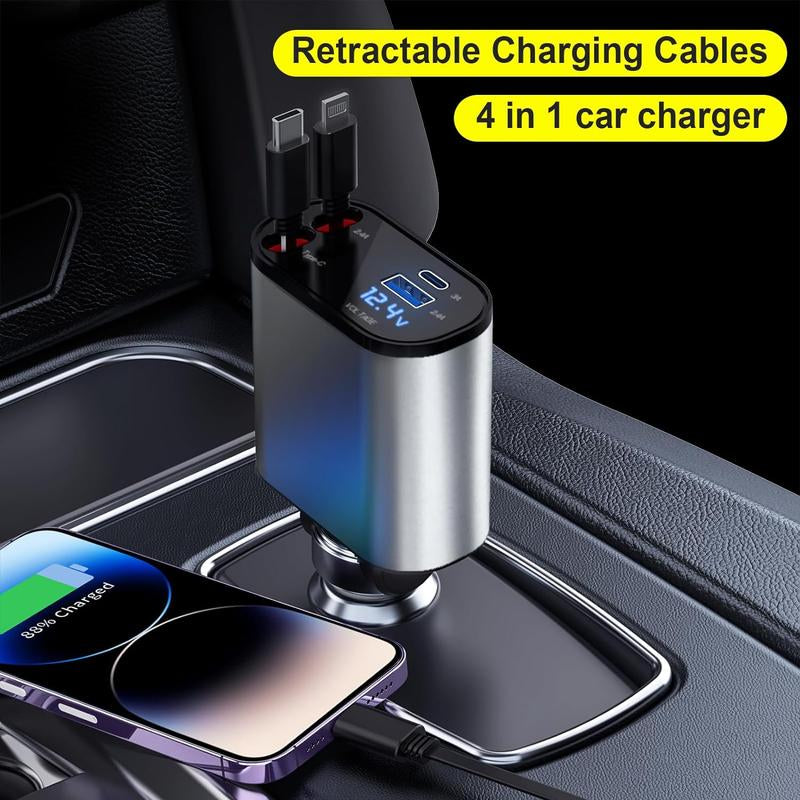 Retractable Car Charger, 4 in 1 Fast Car Phone Charger 120W, Retractable Cables and USB Car Charger,Compatible with Iphone 15/14/13/12/11,Galaxy,Pixel Charging Cellphone Electronic Smartphone Mobile