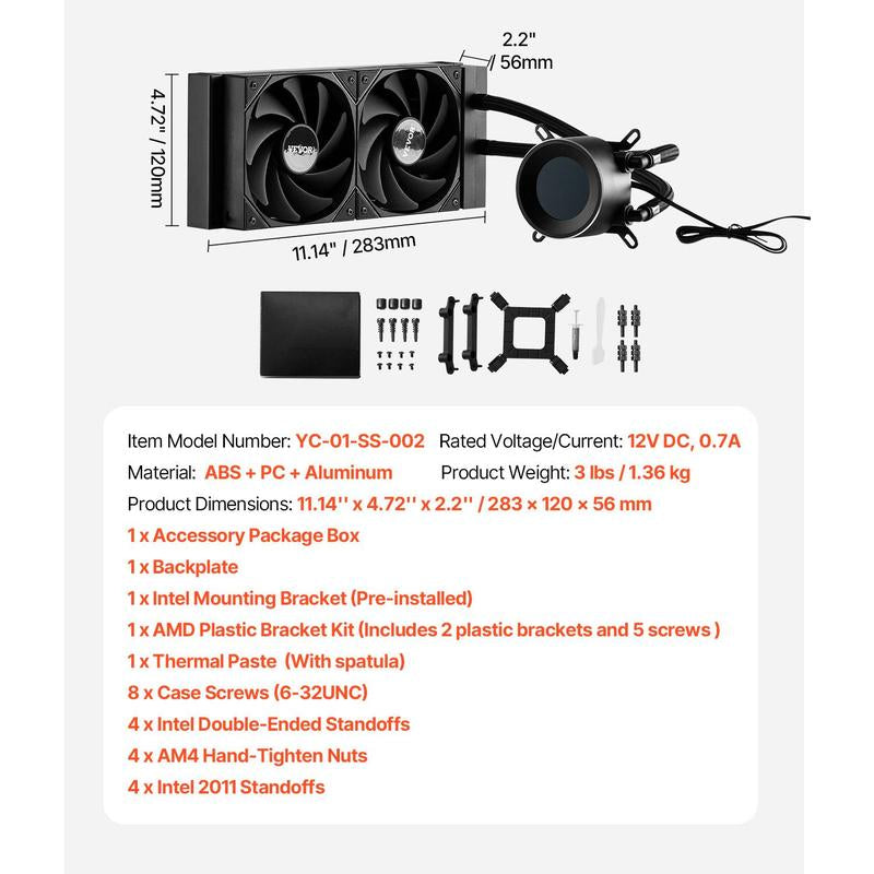 VEVOR CPU Liquid Cooler, AIO CPU Water Cooler - 120Mm PWN Fans, Pump, 1.8'' Display, Max. 2200RPM CPU Cooling Fan, Efficient Black PC Water Cooler for Intel 115X/1366/2011/1700/1200, AMD AM4/AM5