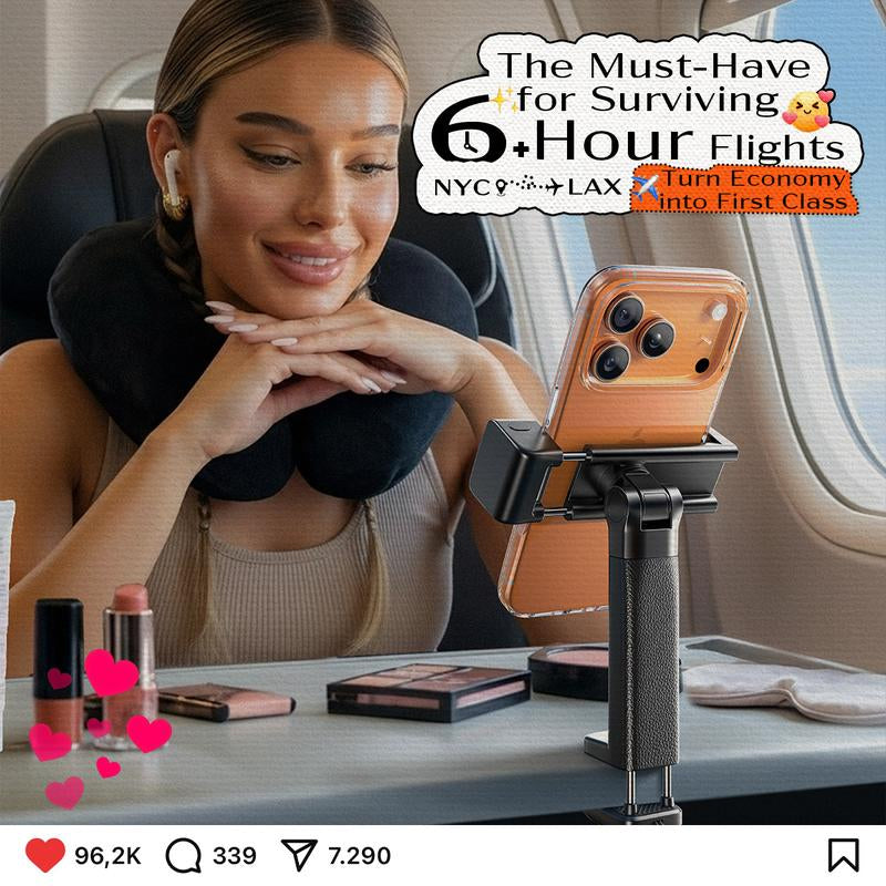 LISEN Foldable Travel Phone Stand with Built-In Beauty Light 360-Degree Rotation Axis Fixed Bracket & Lanyard for Desk Airplane Suitcase Cruise Ship Outdoor Use - Selfie