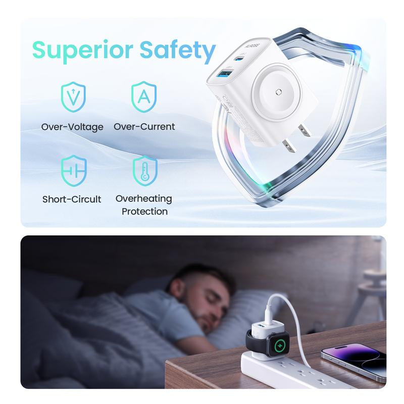 3-In-1 Portable USB C Fast Charger, Magnetic Wireless Charger for Apple Watch, Compatible Charging Block with Iwatch Ultra/9/8/7/6, Iphone 17/16/15 Pro Max, Ipad, and Galaxy Series