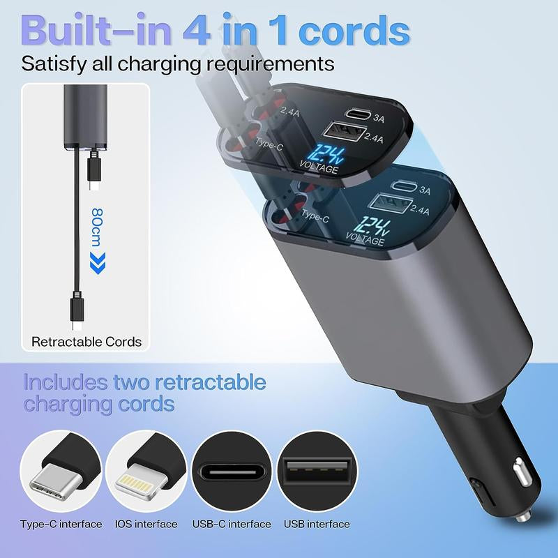 Retractable Car Charger, 4 in 1 Fast Car Phone Charger 120W, Retractable Cables and USB Car Charger,Compatible with Iphone 15/14/13/12/11,Galaxy,Pixel Charging Cellphone Electronic Smartphone Mobile