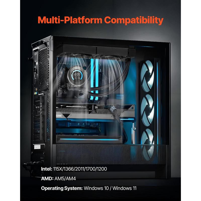 VEVOR CPU Liquid Cooler, AIO CPU Water Cooler - 120Mm PWN Fans, Pump, 1.8'' Display, Max. 2200RPM CPU Cooling Fan, Efficient Black PC Water Cooler for Intel 115X/1366/2011/1700/1200, AMD AM4/AM5