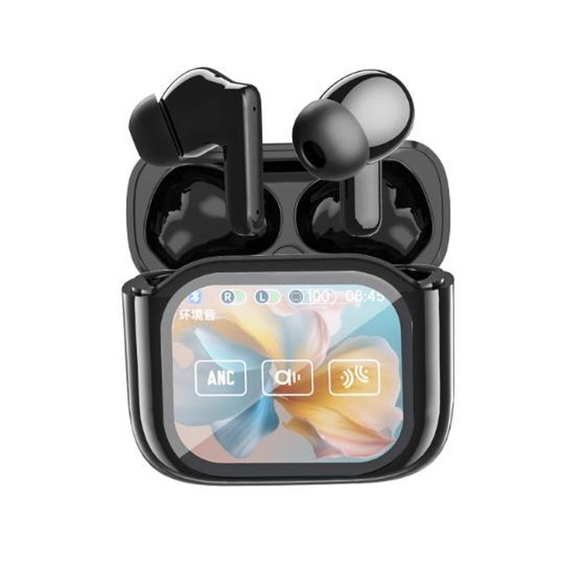 Jm19 Black Premium Bluetooth 5.4 Wireless Earbuds with Smart LED Touch Screen ANC Noise Cancelling IPX7 Waterproof In-Ear Headphones Hi-Fi Stereo Sound Long Battery Life Perfect for Gym Running Travel Stylish Gift Ideas