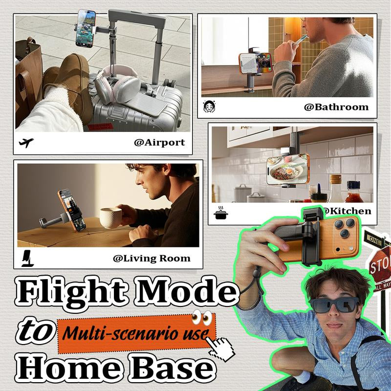 LISEN Foldable Travel Phone Stand with Built-In Beauty Light 360-Degree Rotation Axis Fixed Bracket & Lanyard for Desk Airplane Suitcase Cruise Ship Outdoor Use - Selfie