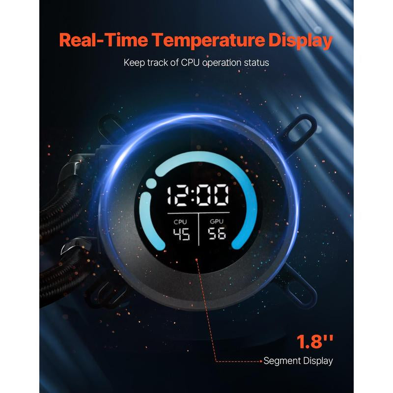 VEVOR CPU Liquid Cooler, AIO CPU Water Cooler - 120Mm PWN Fans, Pump, 1.8'' Display, Max. 2200RPM CPU Cooling Fan, Efficient Black PC Water Cooler for Intel 115X/1366/2011/1700/1200, AMD AM4/AM5