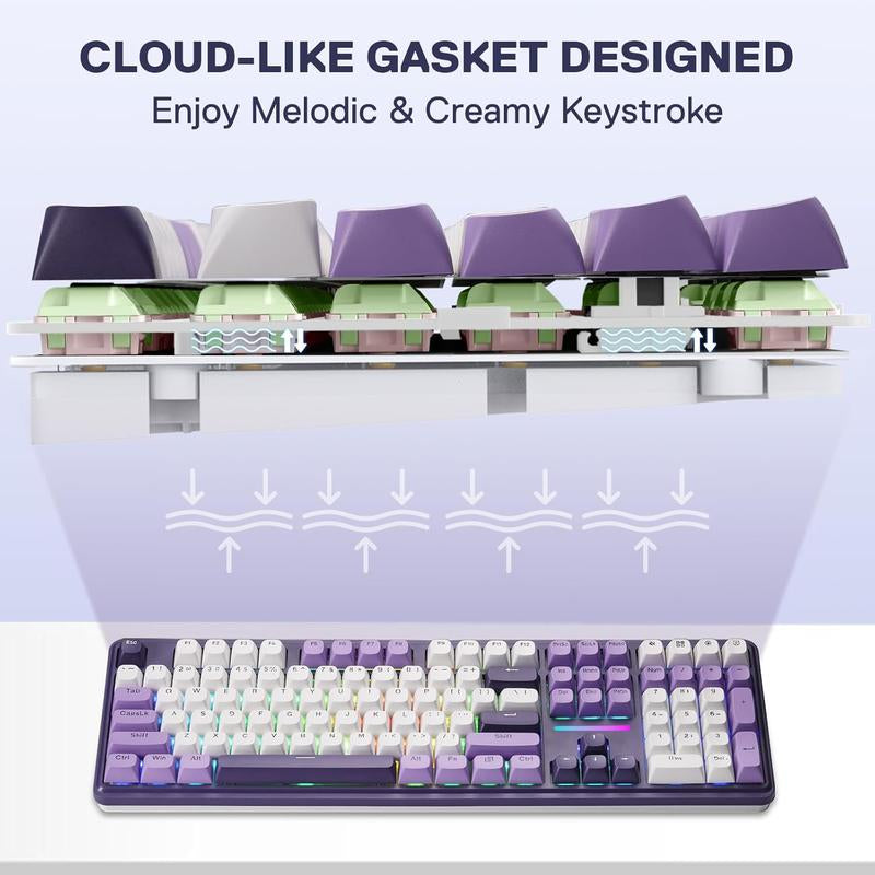 Redragon K745 PRO Wireless Gasket RGB Gaming Keyboard, 108 Keys Mechanical Keyboard W/Extra 4 Hotkeys, Hot-Swap South-Facing LED Socket, 5-Layer Noise Dampening, round PBT Keycaps, Mint Mambo Switch,Charming Purple