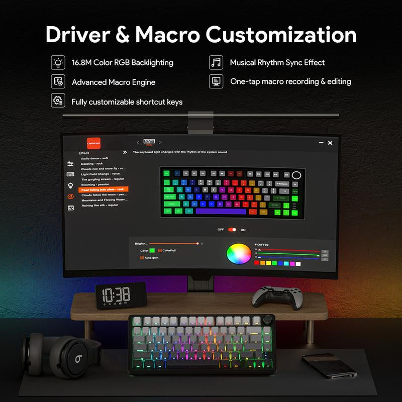 ZIFRIEND RX75 PRO Wireless Mechanical Creamy Keyboard,Tri-Mode Type-C/2.4G/Bluetooth Music Rhythm Sync RGB Backlight Keyboard,Multimode Gaming Keyboard for Gaming, Office, Career Women,Multimedia Roller Key