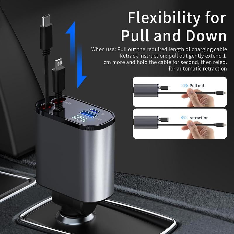 Retractable Car Charger, 4 in 1 Fast Car Phone Charger 120W, Retractable Cables and USB Car Charger,Compatible with Iphone 15/14/13/12/11,Galaxy,Pixel Charging Cellphone Electronic Smartphone Mobile