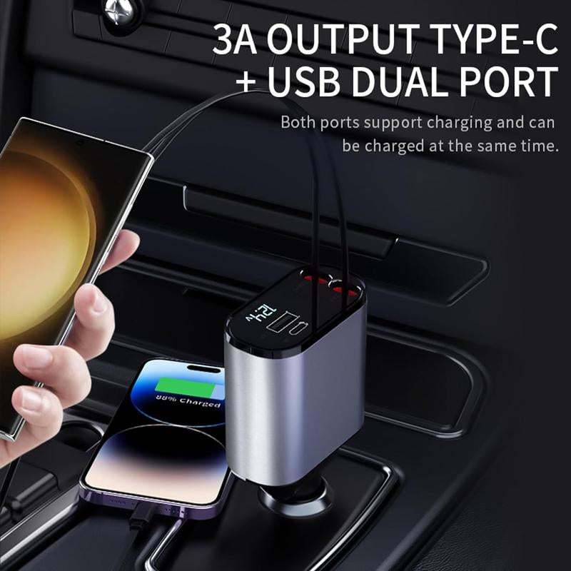 Retractable Car Charger, 4 in 1 Fast Car Phone Charger 120W, Retractable Cables and USB Car Charger,Compatible with Iphone 15/14/13/12/11,Galaxy,Pixel Charging Cellphone Electronic Smartphone Mobile