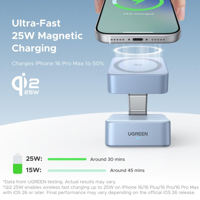 UGREEN 25W Magflow Wireless Charger 2-In-1 Magnetic Charging Station for Iphone 17/16/15/14/13/12 Pro Max, Fast Qi2 Certified Foldable Stand with USB-C Port, Compatible with Airpods, Dual Device Charging, September Restock ,Deals for You