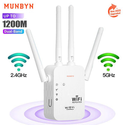 MUNBYN Wifi Extender 2025, 1200Mbps Dual Band Signal Booster (5Ghz/2.4Ghz) Covers up to 10,000 Sq. Ft & Connects 50 Devices | Repeater with Ethernet Port for Home Use