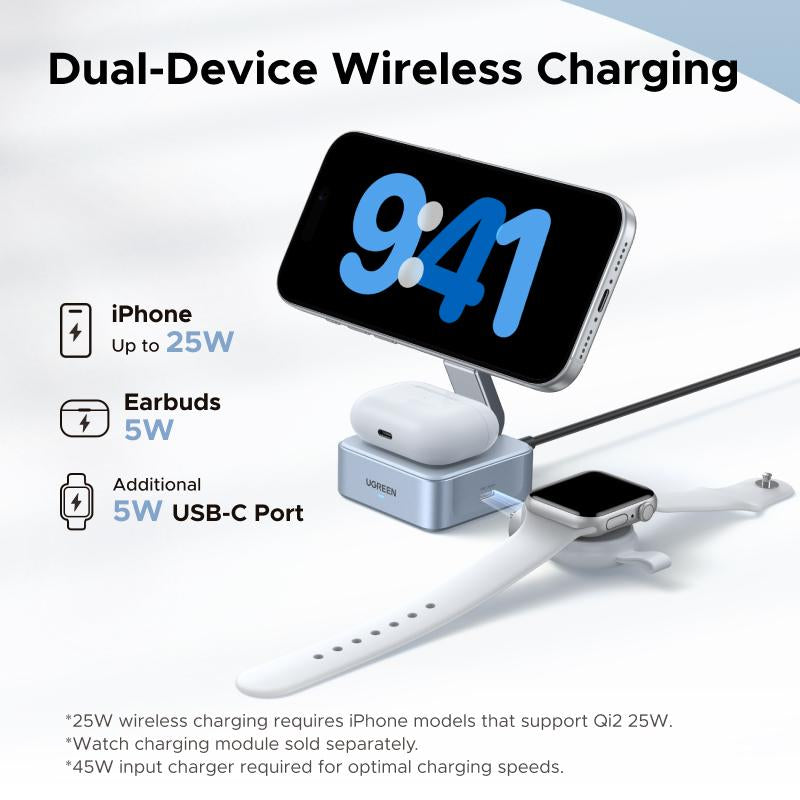 UGREEN 25W Magflow Wireless Charger 2-In-1 Magnetic Charging Station for Iphone 17/16/15/14/13/12 Pro Max, Fast Qi2 Certified Foldable Stand with USB-C Port, Compatible with Airpods, Dual Device Charging, September Restock ,Deals for You