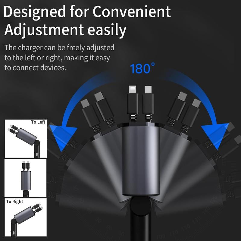 Retractable Car Charger, 4 in 1 Fast Car Phone Charger 120W, Retractable Cables and USB Car Charger,Compatible with Iphone 15/14/13/12/11,Galaxy,Pixel Charging Cellphone Electronic Smartphone Mobile