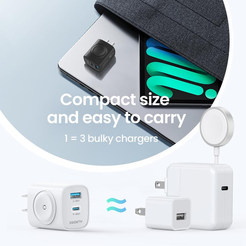 3-In-1 Portable USB C Fast Charger, Magnetic Wireless Charger for Apple Watch, Compatible Charging Block with Iwatch Ultra/9/8/7/6, Iphone 17/16/15 Pro Max, Ipad, and Galaxy Series