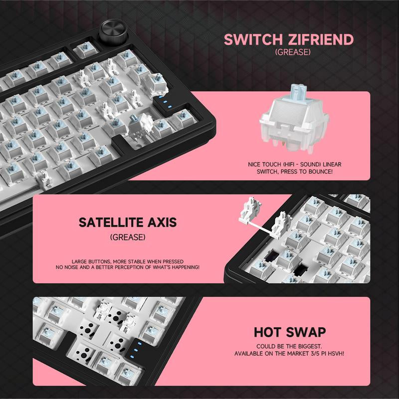 ZIFRIEND RX75 PRO Wireless Mechanical Creamy Keyboard,Tri-Mode Type-C/2.4G/Bluetooth Music Rhythm Sync RGB Backlight Keyboard,Multimode Gaming Keyboard for Gaming, Office, Career Women,Multimedia Roller Key