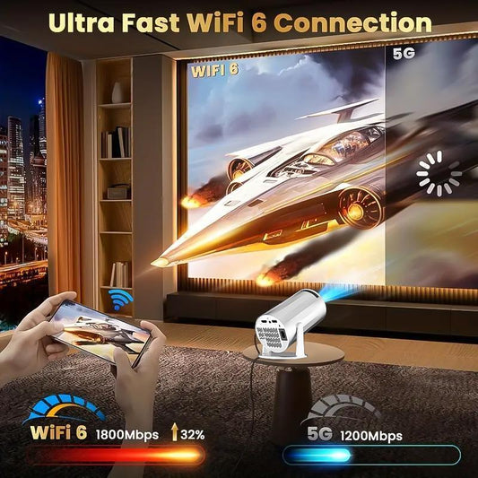 XBJ Mini Portable Projector with Wifi and BT5, 4K Support.Auto Keystone Adjustment, Pneumatic Mouse Remotecontrol for Outdoor/Bedroom Audio Watch